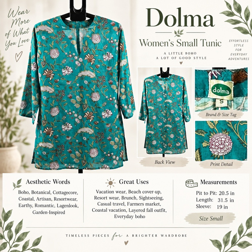 Dolma Teal Green Floral Cotton Tunic Top Women Small 3/4 Sleeve Boho Split Neck
